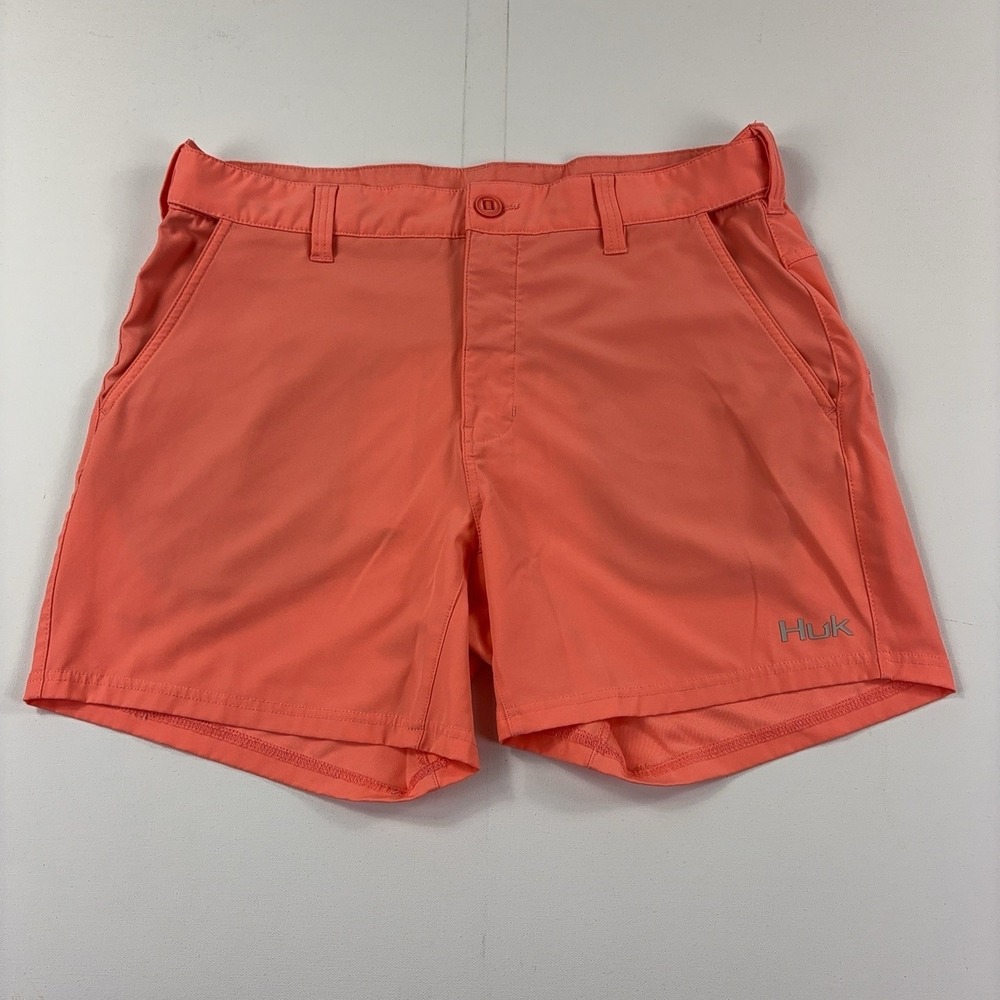 Huk Shorts Mens XL Orange Performance Fishing 5 Inseam Stretch Pockets
